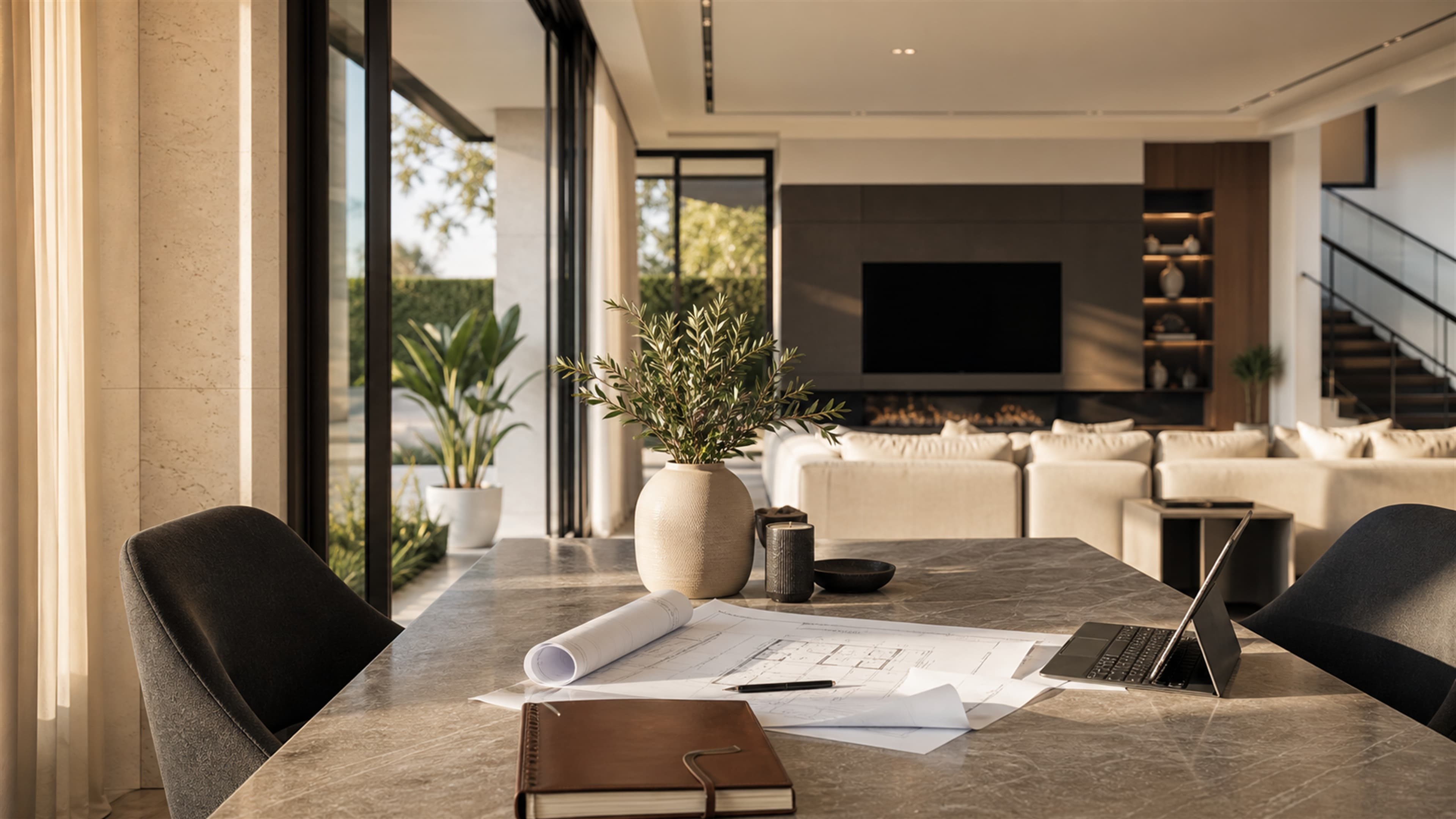 Luxury home advisory table with property plans and warm interior light.