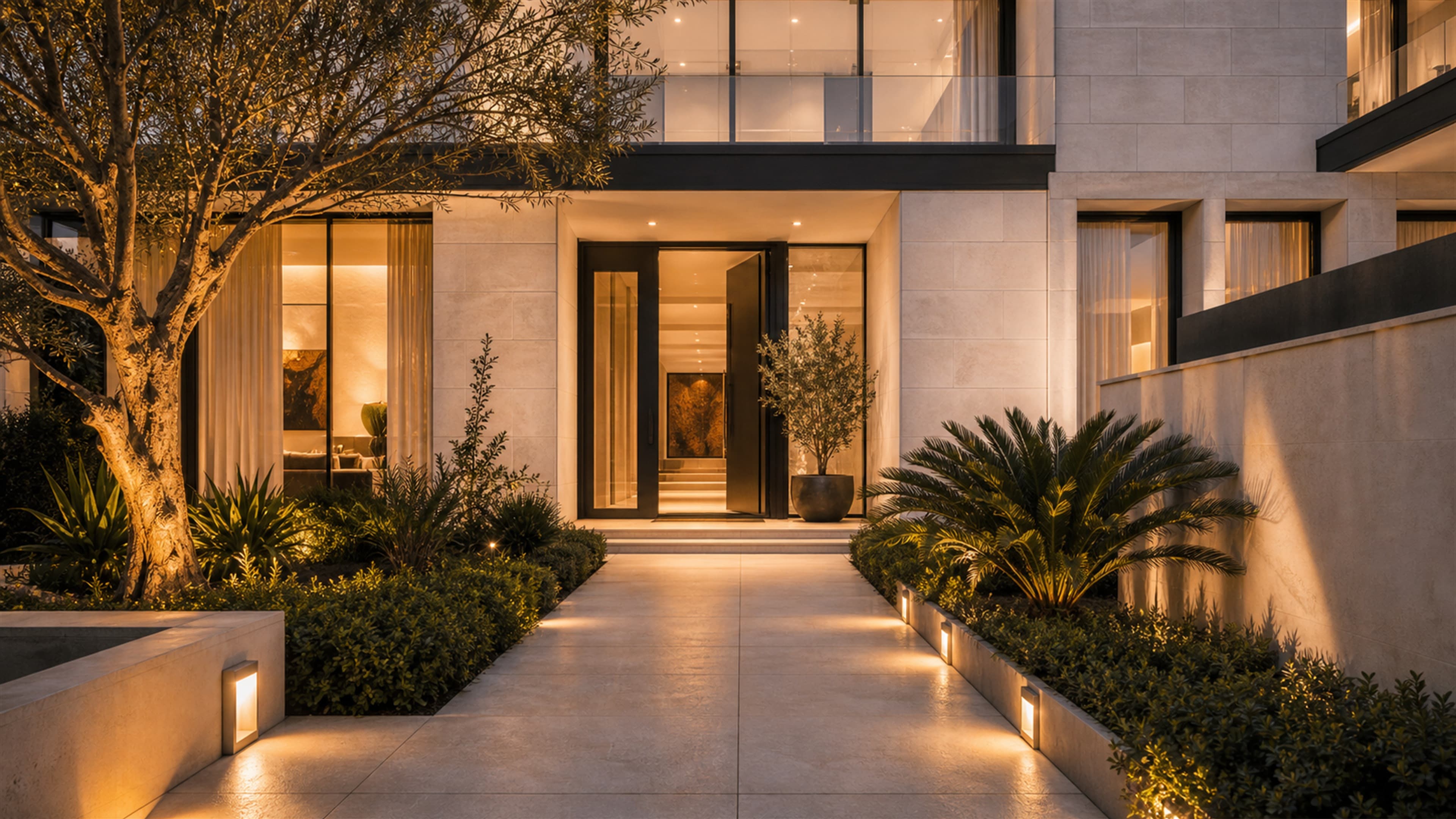 Warmly lit luxury home entry with landscaped pathway.